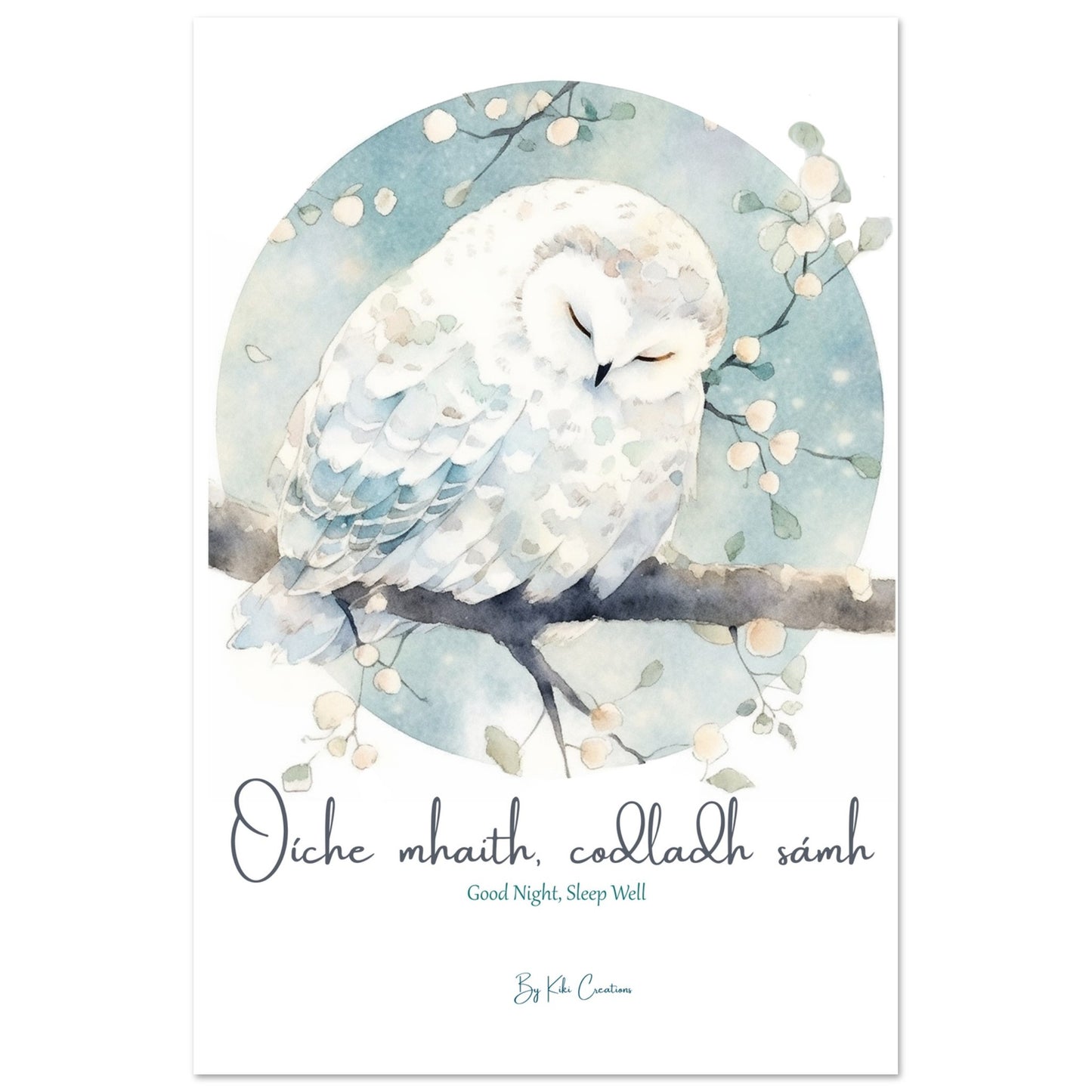 Poster, No Frame: Sleepy Owl for Nursery Art Print with the Phrase "Oíche mhaith, codladh sámh"