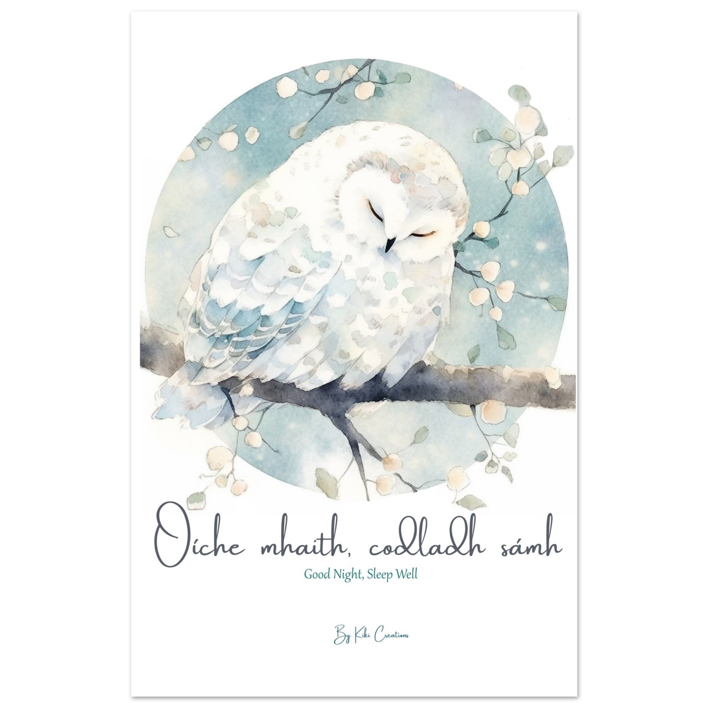 Poster, No Frame: Sleepy Owl for Nursery Art Print with the Phrase "Oíche mhaith, codladh sámh"