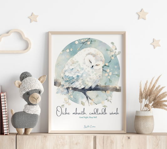 Poster, No Frame: Sleepy Owl for Nursery Art Print with the Phrase "Oíche mhaith, codladh sámh"