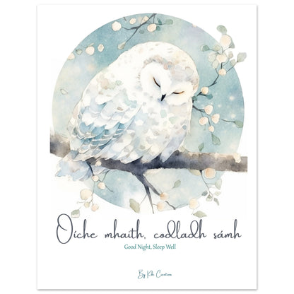 Poster, No Frame: Sleepy Owl for Nursery Art Print with the Phrase "Oíche mhaith, codladh sámh"